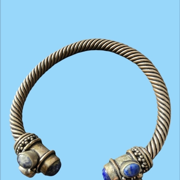 Gemstone Cuff Bangle Silver Oxidized Adjustable Bangle Vtg Bracelet - Picture 5 of 7